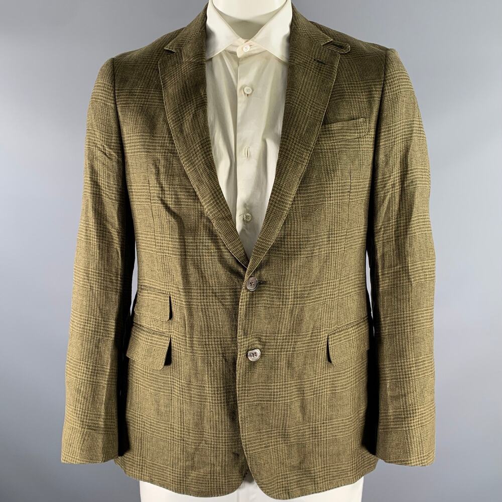 RALPH LAUREN Size 42 Green Olive Glen Check Linen Notch Lapel Sport Coat